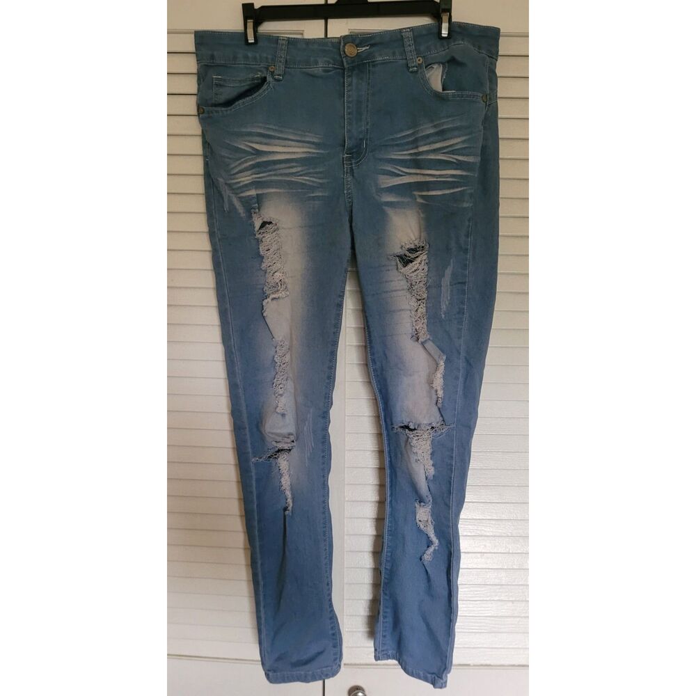 Gogo Blue Jeans Long Skinny With White, Cut up Styled For Women Teenaged Girl.